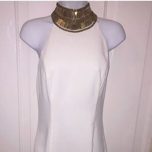 Grecian collard white cocktail dress